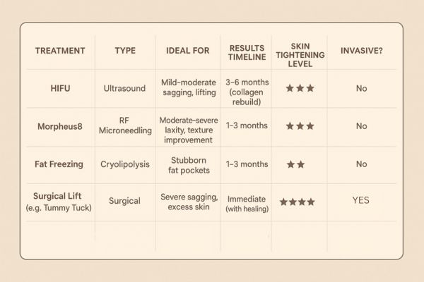 Table showing the comparisons of Skin tightening St Albans treatment options.